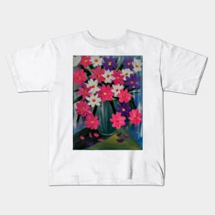 Some bright and colorful abstract flowers in a turquoise vase. Kids T-Shirt